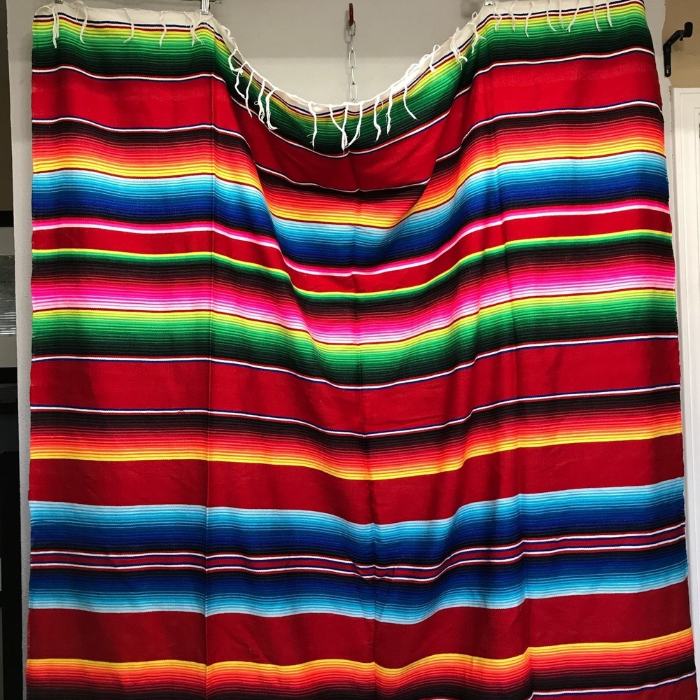 Mexican Sarape Blanket Traditional Rainbow Stripes Excellent Condition 61" x 85"